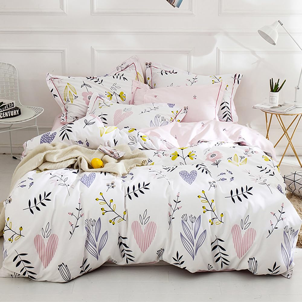 Girls Duvet Cover Queen Floral Bedding Sets White Pink Premium Cotton Colorful Flower Aesthetic Bedding Cover Queen For Teens Wo